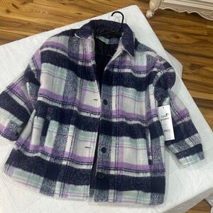 Women's Plaid Pea Coat - Purple and Black